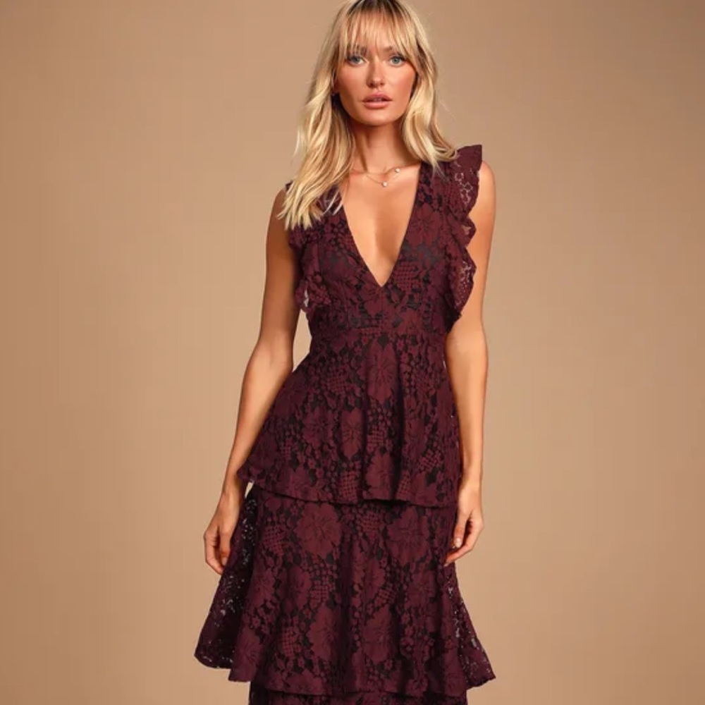 Lulu’s Molinetto Burgundy Lace Ruffled Tiered Sleeveless Maxi Dress